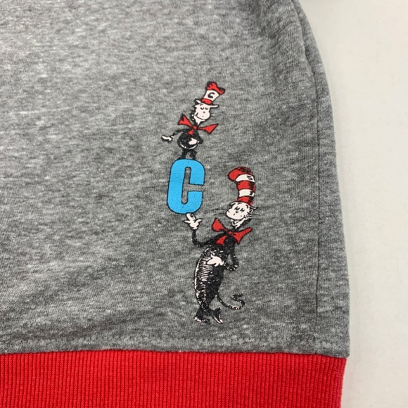 Boys /Kids Dr. Seuss Cat in the Hat raglan red grey pullover hoodie ears on hood - Picture 5 of 9
